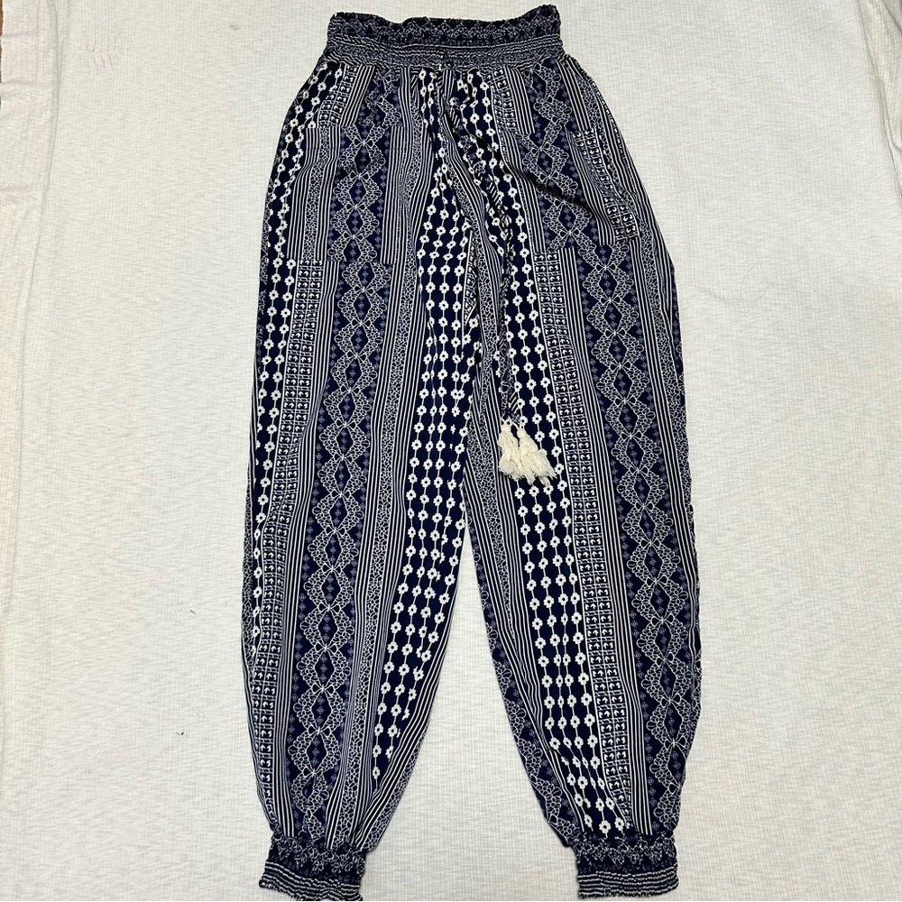 SHEIN Size Small S Pull On Bohemian Jogger Pants Boho Smocked Blue
